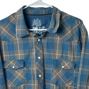Old Navy Western Shirt Mens XXL Blue Plaid Pearl Snap Long Sleeve Cotton Vintage